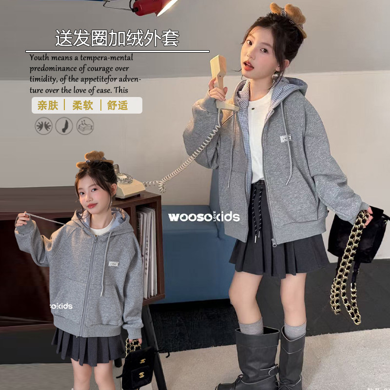 wooso吾束女童装2026冬季新品韩版一体绒连帽卫衣外套送发圈81358