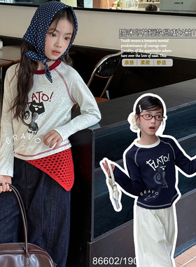 布芮欧童装2025秋季新款女童卡通猫咪印花长袖T恤短款打底衫86602