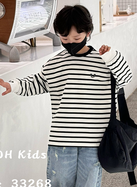 孩子画的画品牌童装2024春季新款男女童韩版百搭条纹长袖T恤33268