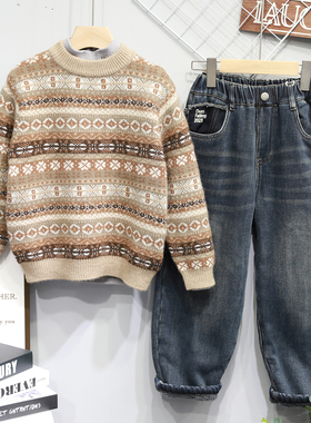 啦芙莱童装2025冬季新款男女童复古提花时尚圆领毛衣针织衫潮3932