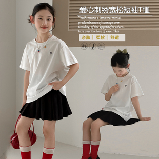 大E小e童装2026夏季新款女中大童爱心刺绣宽松休闲短袖T恤潮5672