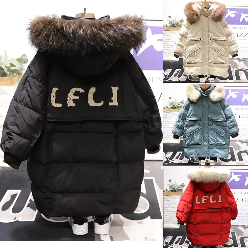 啦芙莱毛领长款白鸭绒儿童羽绒服