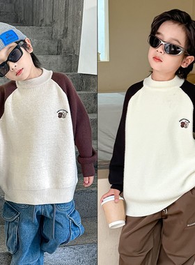 大E小e童装冬季新款刺绣加绒毛衣男女中大童圆领毛绒针织衫82580