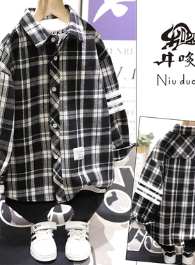 牛哆哆童装秋冬装新款男女童韩版加绒格子衬衫外套上衣33532