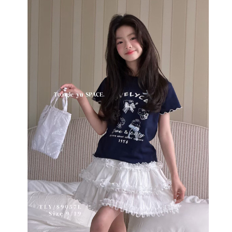 童乐鱼童装2026夏季新款女童卡通印花短袖T恤白色蛋糕裙套装89057