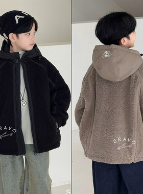 布芮欧童装2025冬儿童羊羔毛保暖外套男女童夹棉连帽拉链衫77032