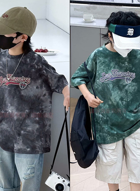 童乐鱼童装2024夏季新款儿童扎染字母短袖T恤中大童潮酷上衣57170