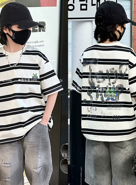 童乐鱼童装2025夏季新款男女童条纹趣味卡通短袖儿童上衣T恤99168