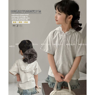 童乐鱼童装2025夏款女童中大童韩版蕾丝爱心连帽T恤短袖上衣7710