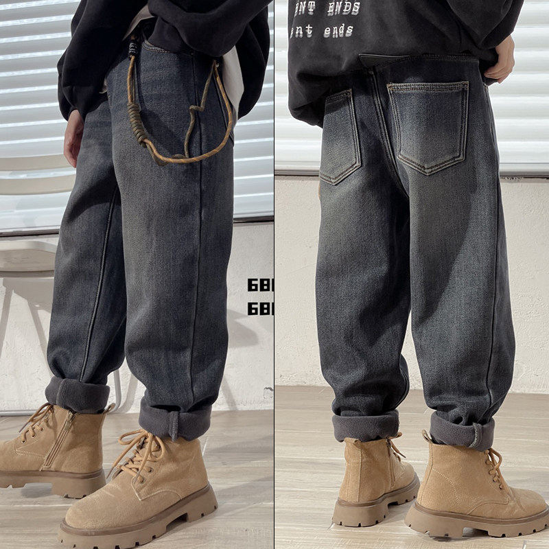 爱木橦一体绒牛仔裤中大童长裤