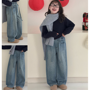 天依角童装2025冬季新款女童一体绒贴钻牛仔裤洋气加厚长裤25368