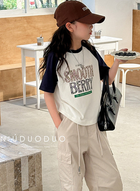 牛哆哆童装2024夏季新款女童插肩袖T恤儿童字母印花短袖上衣68583