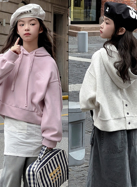 己又合童装2024秋季新品女童中大童宽松时尚连帽卫衣套头衫31350