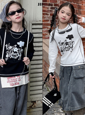 已又合童装秋装女童潮款明线花朵字母印花T恤长袖打底衫61331