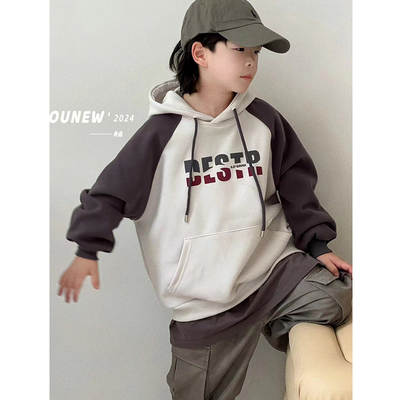 舟由儿童薄绒拼色连帽卫衣套头衫