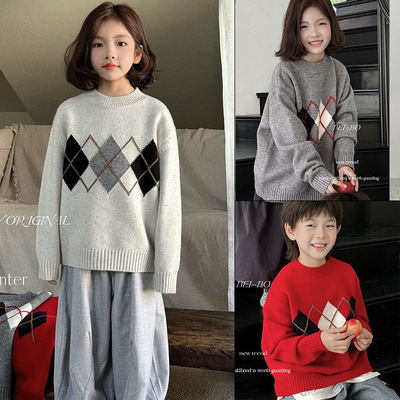 贝柏菱形格圆领套头织衫毛衣