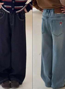 大E小e童装2025冬季新款女童中大童蘑菇刺绣一体绒牛仔裤长裤8728