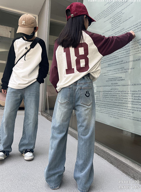 天依角童装2024春季新款男女童直筒笑脸牛仔裤中大童长裤潮19103