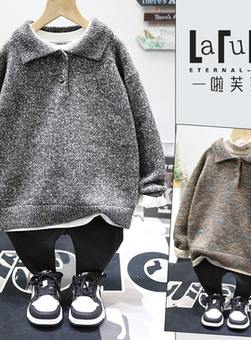啦芙莱童装2025秋冬新款男女中大童复古风雪花POLO领针织毛衣6629