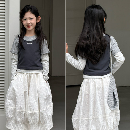 嗨大E小e女童装2026春季新品芭蕾风背心+蝴蝶结长袖T恤两件套8012