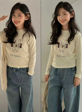 大E小e童装2026春季新款女童卡通小狗印花爱心串珠长袖T恤潮26018