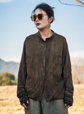 疯子张26春款植物染棉麻双层斑驳感宽松复古做旧衬衫#08636