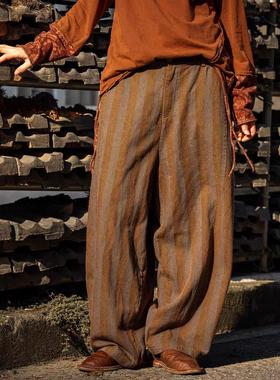 疯子张25秋款单层复古棉麻条纹拼接直筒休闲裤#08567