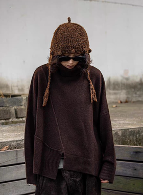 疯子张25冬款半高领复古针织套头款不规则毛衫#08581