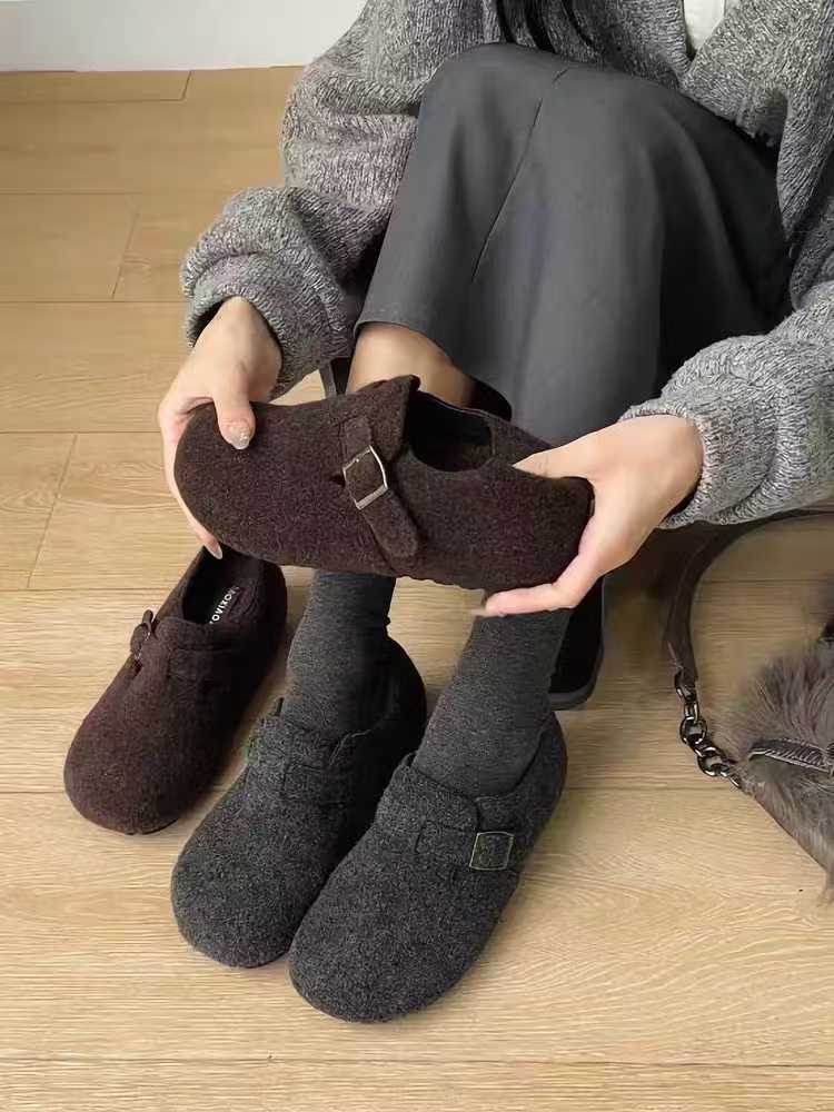 显瘦厚底加绒勃肯鞋保暖毛毛鞋棉鞋女2025新款秋冬季小众博肯单鞋