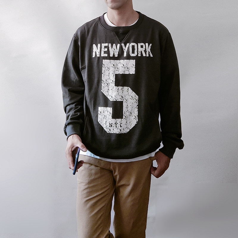 瑕品处理成衣水洗复古做旧款new york字母印潮男花圆领抓绒卫衣