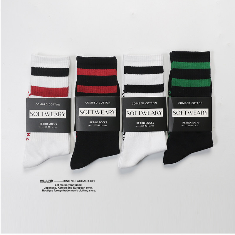 欧美原单高筒袜男士精梳纯棉条纹边高帮运动球袜子休闲袜透气护足