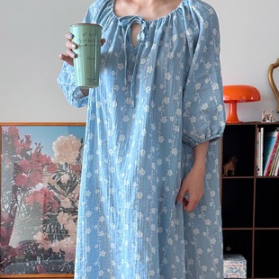慵懒风纱布棉韩国进口秋冬长秋睡裙女宽松圆领印花睡衣长裙家居服