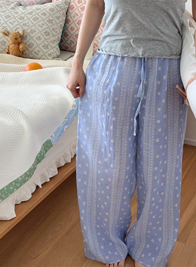 新款韩国纱布棉条纹睡裤家居服薄款宽松休闲可外穿防蚊裤遛弯