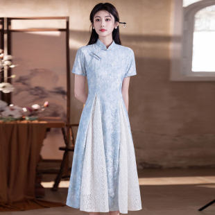 蓝色民国风新中式旗袍改良年轻款2026新款女大码3XL码2XL码连衣裙