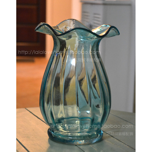 玻璃花瓶 欧式 新古典 水蓝色 花器花插 唯美马蹄口 冰点秒杀