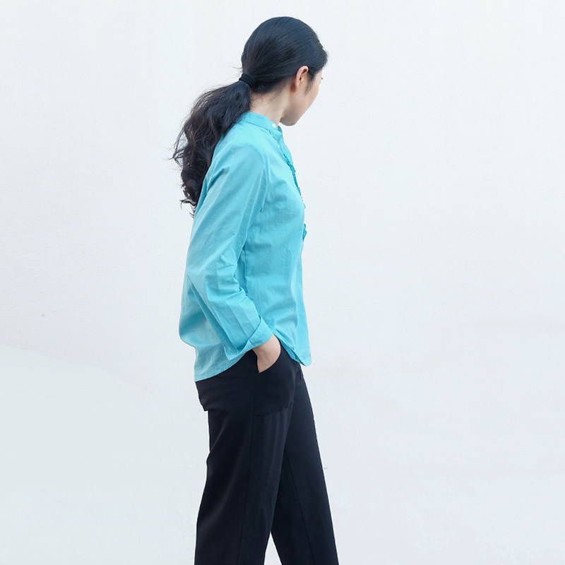 停   复古法式花边立领衬衫女式轻薄松石绿长袖纯棉上衣春夏通勤