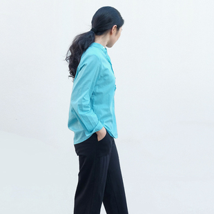 停   复古法式花边立领衬衫女式轻薄松石绿长袖纯棉上衣春夏通勤