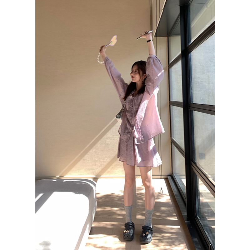 【现货】 im向Summer木耳边翻领薄款防晒套装女灯笼长袖两件套