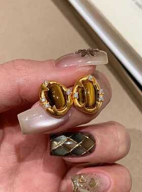 小红书复古美拉德虎眼石耳钉百搭气质耳饰轻奢高级感度假风