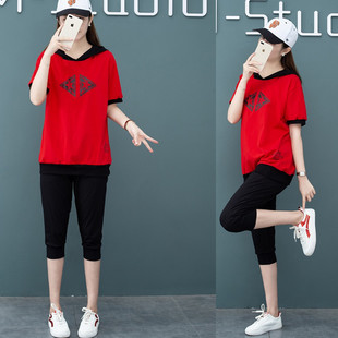 大码女装胖妹妹120-210斤胖mm短袖T恤夏天套装加肥加大号