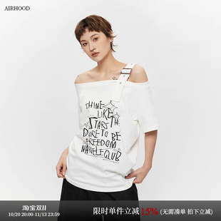 AIRHOOD夏季2025辣妹一字领短袖T恤韩版宽松斜肩不规则露肩上衣女