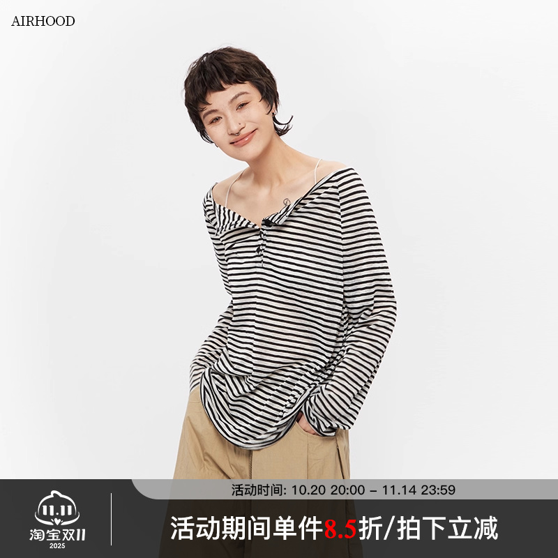 AIRHOOD 2025夏季条纹一字肩长袖T恤女薄款宽松慵懒露肩罩衫上衣