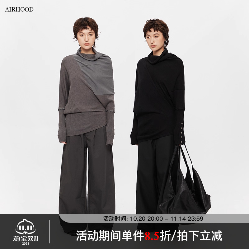 AIRHOOD 废土风春秋季半高领不规则蝙蝠袖针织衫女设计感长袖上衣