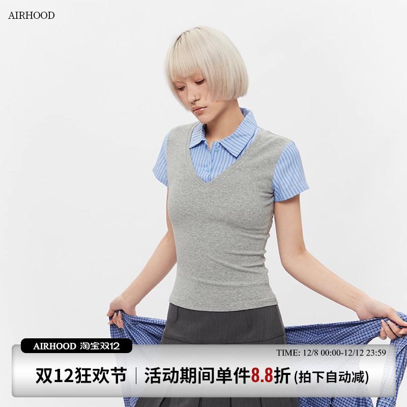 AIRHOOD假两件短袖t恤上衣女夏季修身显瘦学院polo衫正肩短款衬衣