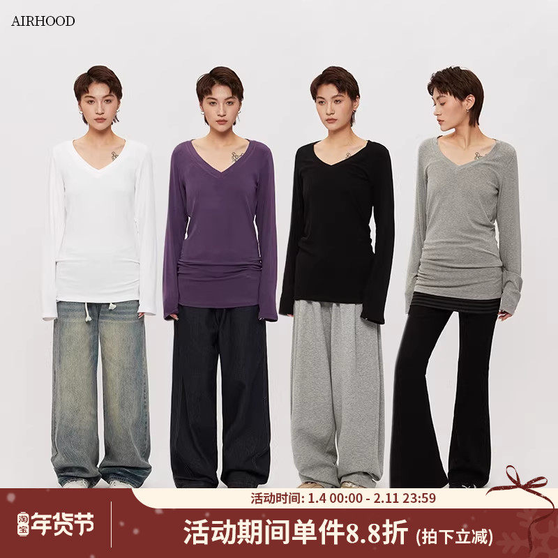 AIRHOOD 2025秋冬季极简风V领长袖T恤女修身显瘦内搭打底纯色上衣,女装/女士精品,T恤,淘宝优惠券,粉丝福利购,淘宝优惠卷