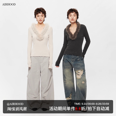 AIRHOOD 2025秋季高级气质长袖上衣美式毛毛V领修身内搭辣妹T恤女