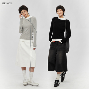 修身 AIRHOOD2025秋季 拼接假两件长袖 上衣内搭打底衫 T恤女 显瘦美式