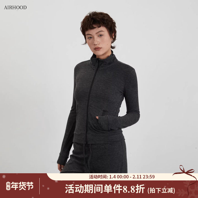 AIRHOOD 2025美式立领条纹拉链开衫短外套女秋季修身运动内搭上衣,女装/女士精品,短外套,淘宝优惠券,粉丝福利购,淘宝优惠卷