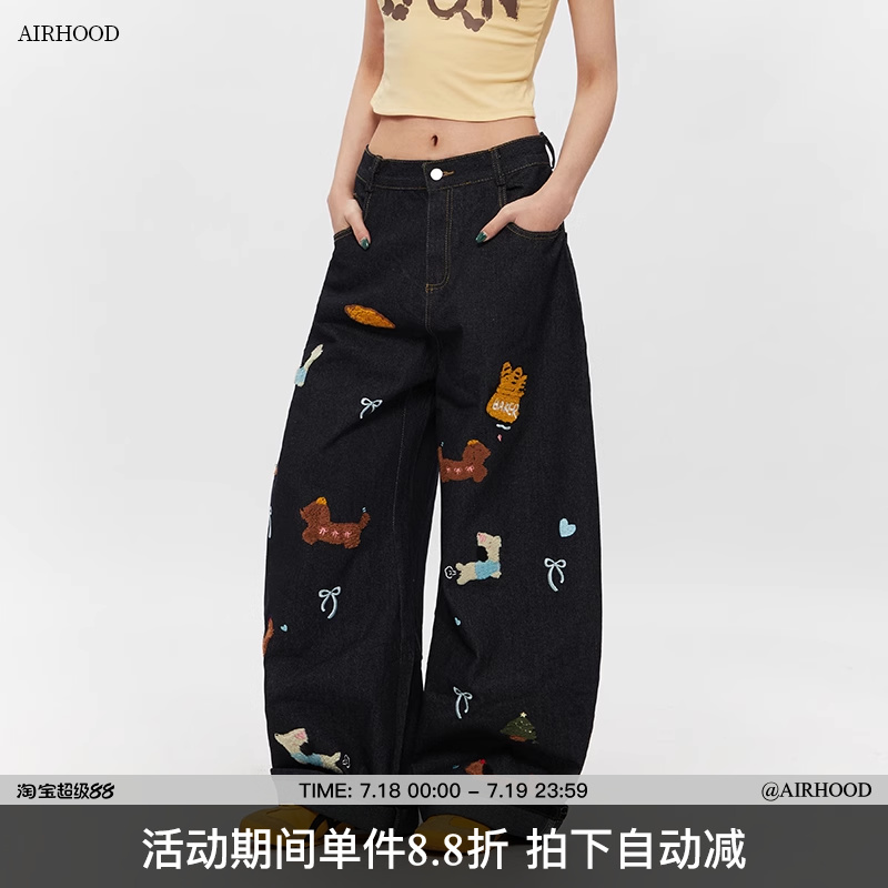 AIRHOOD 卡通阔腿牛仔裤男女2025春季刺绣设计感潮牌宽松直筒裤子