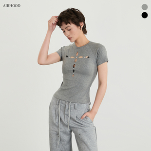 修身 T恤女夏季 显瘦辣妹正肩短上衣 镂空设计感短袖 AIRHOOD2026美式